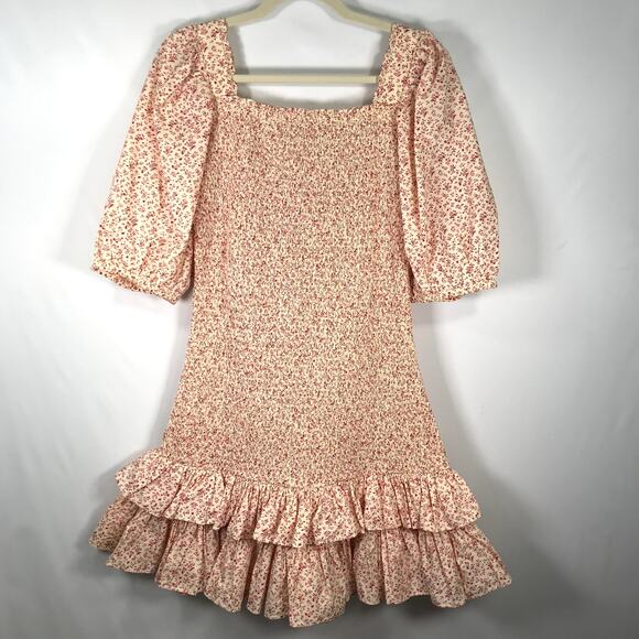 By TiMo Dress Womens Large Cream Pink Mini Ditsy Floral Smocked Ruffle Twee Boho - Picture 10 of 12